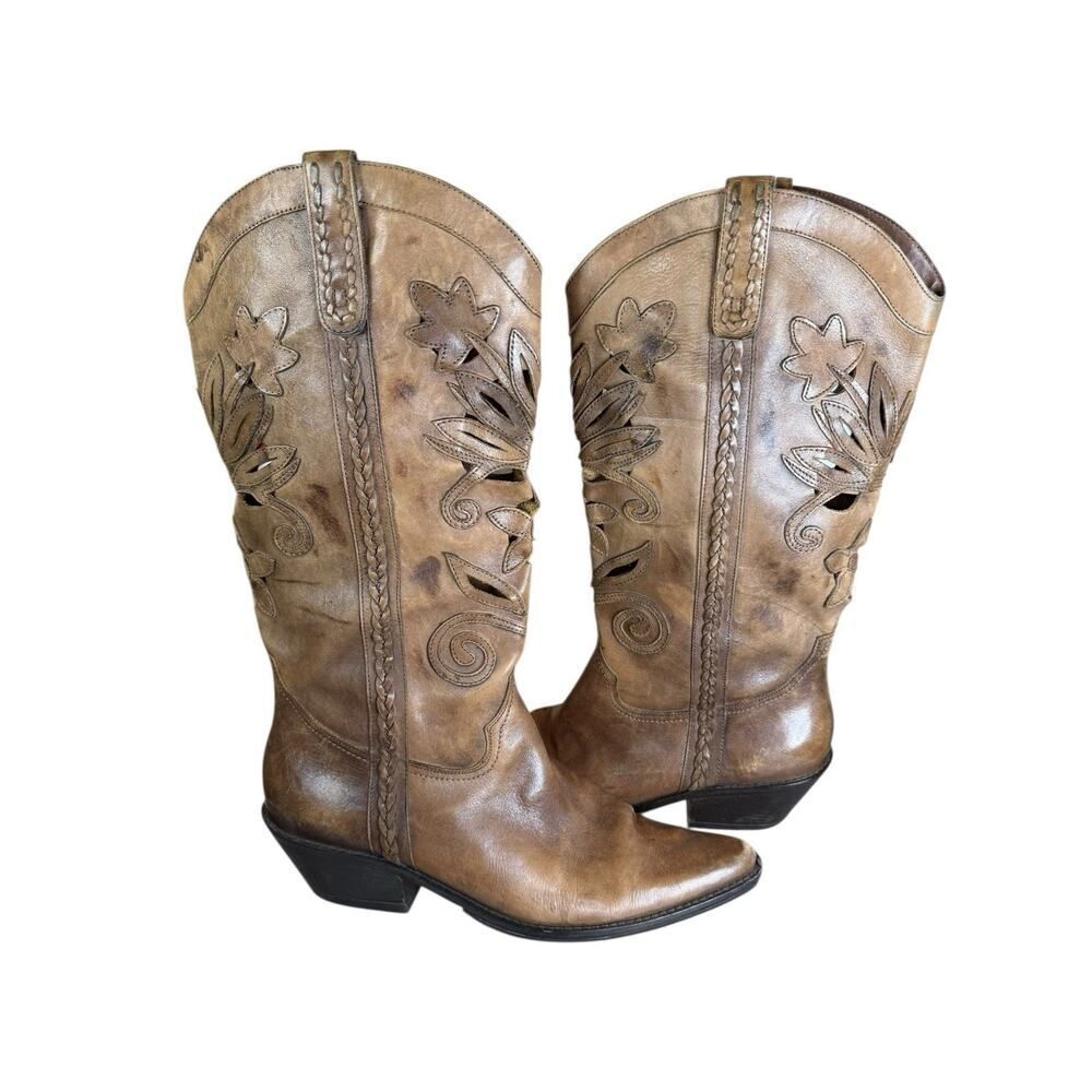 Brown Leather Western Cowboy Boots Cut-Out Floral Design Made in Brazil Size 10